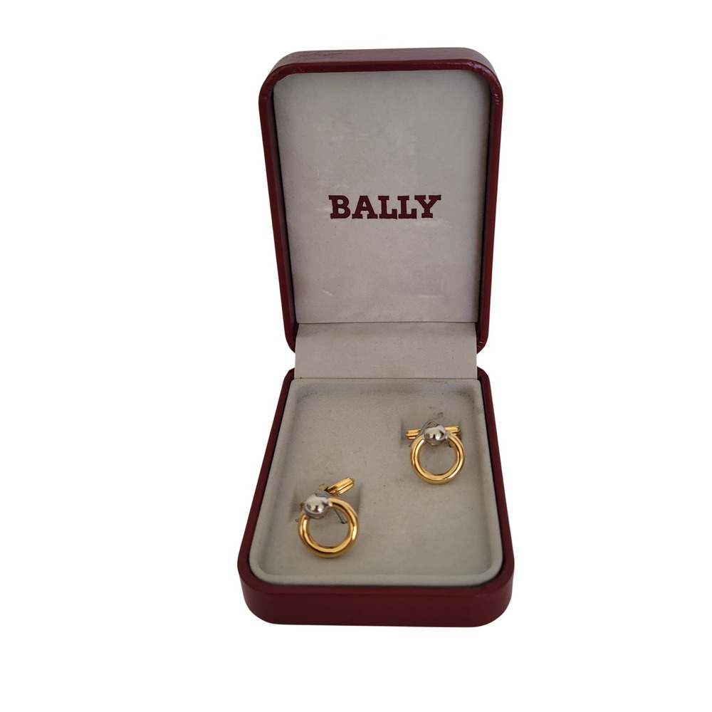 Bally Mens Vintage Two Tone Gold Silver Ball Hoop Cufflinks Made in Germany Box